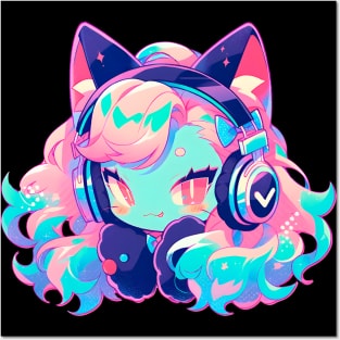 Cat Girl With Headphones Posters and Art